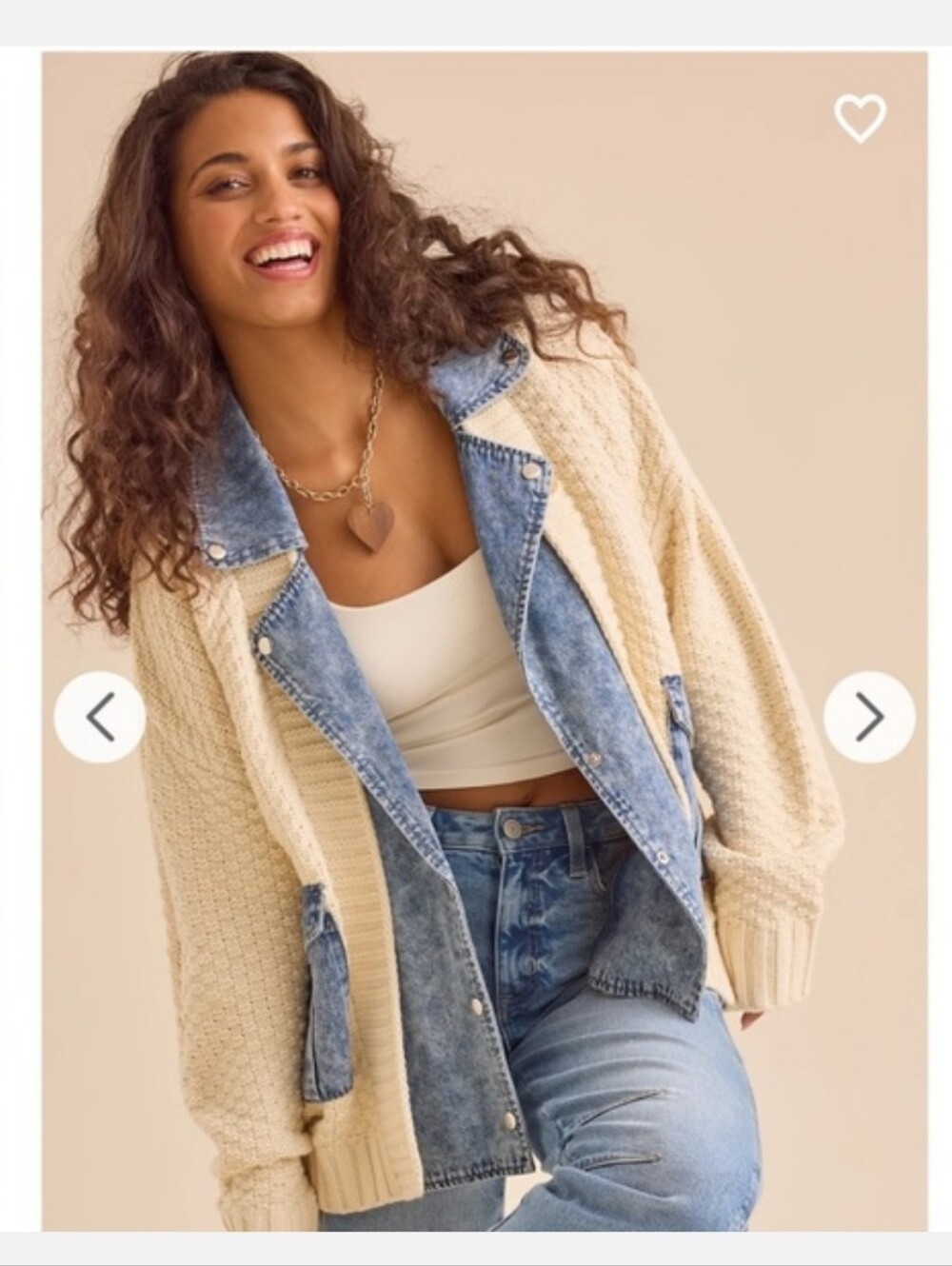 Altar'd State Cream Knit Cardigan with Denim Details